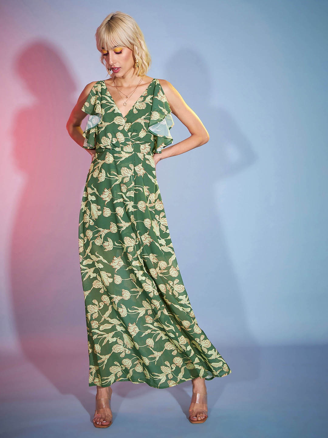 SASSAFRAS Olive Green Floral Print Georgette Maxi Dress