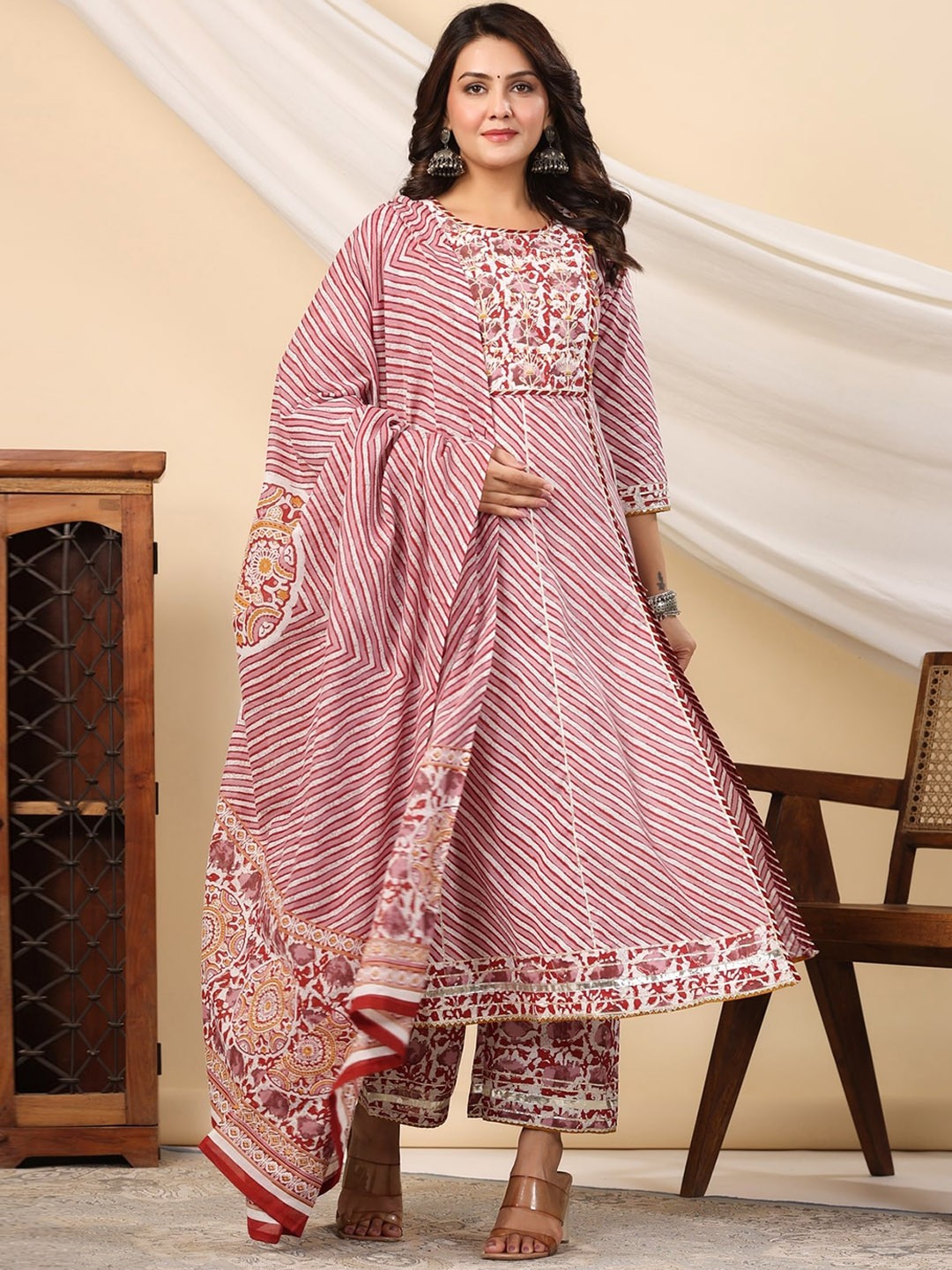 

EtnicaWear Printed Thread Work Gotta Patti Pure Cotton Kurta with Trousers & Dupatta, Red