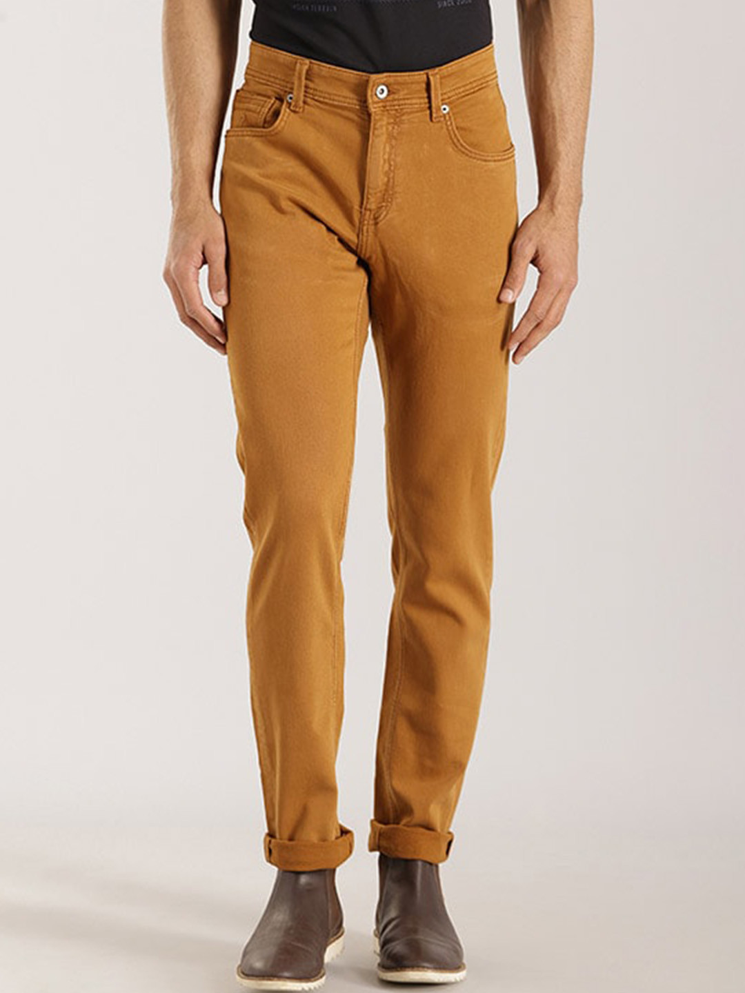 

Indian Terrain Men Brooklyn Clean Look Mid Rise Slim Fit Pure Cotton Jeans, Mustard