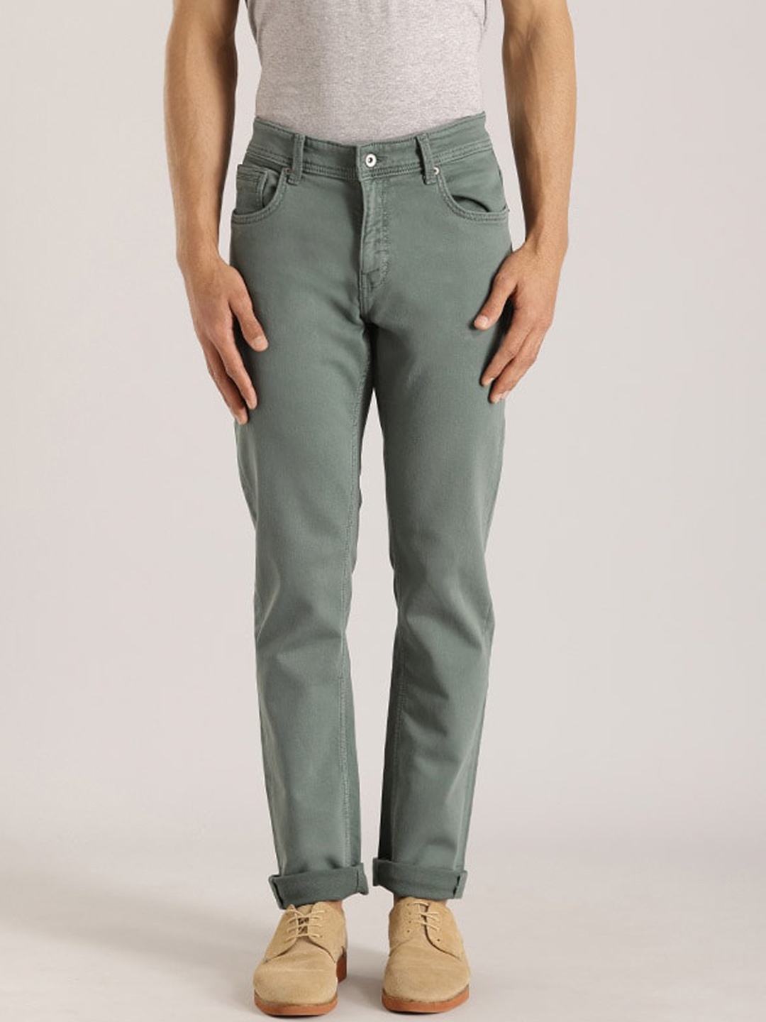 

Indian Terrain Men Brooklyn Clean Look Mid Rise Slim Fit Pure Cotton Jeans, Green