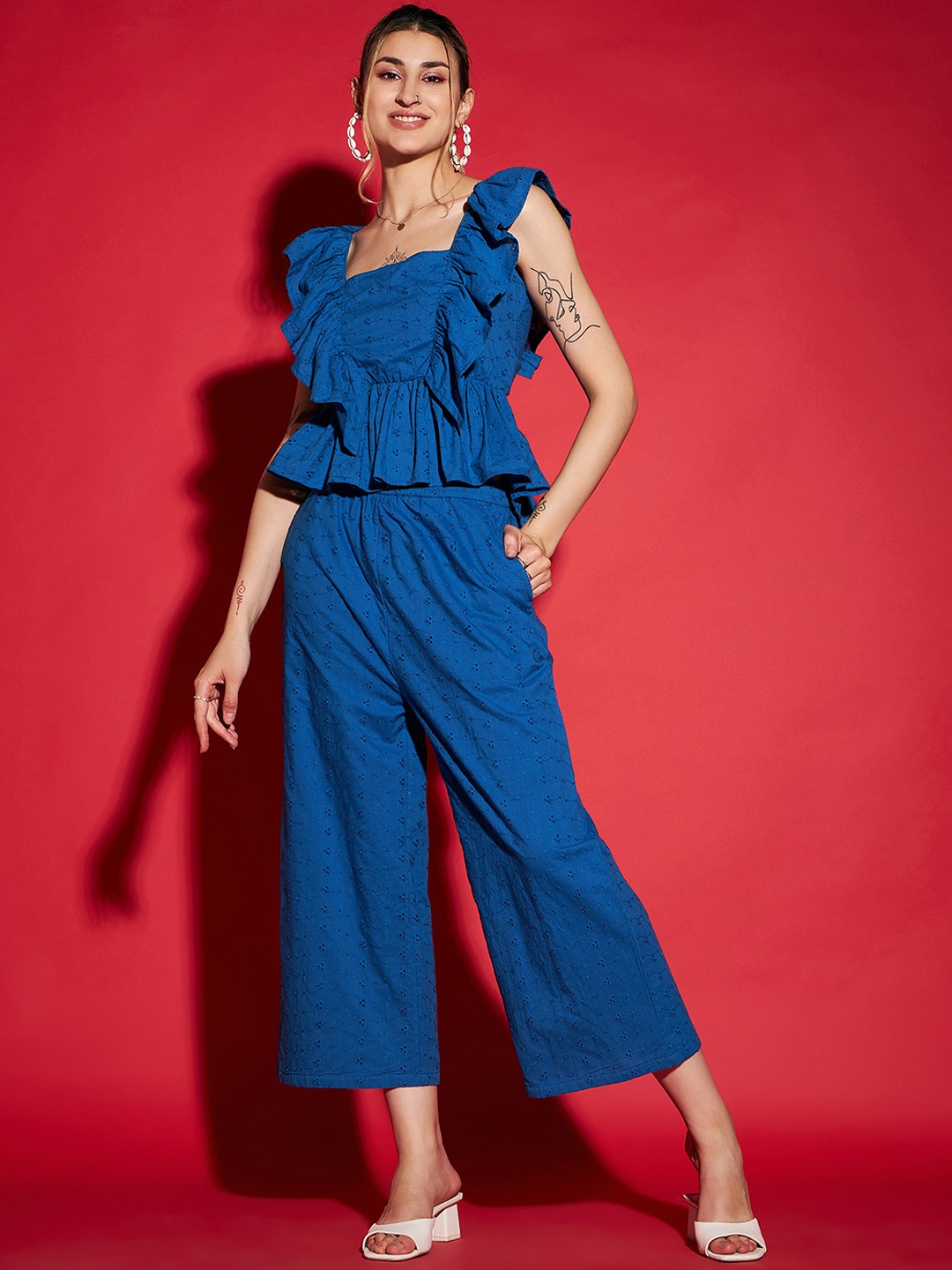 

SASSAFRAS Blue Self Design Schiffli Pure Cotton Peplum Top With Palazzo