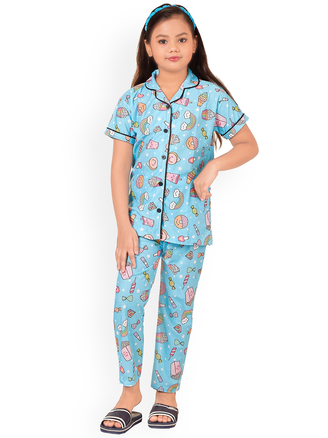 

BURBN Girls Conversational Printed Night Suit, Blue