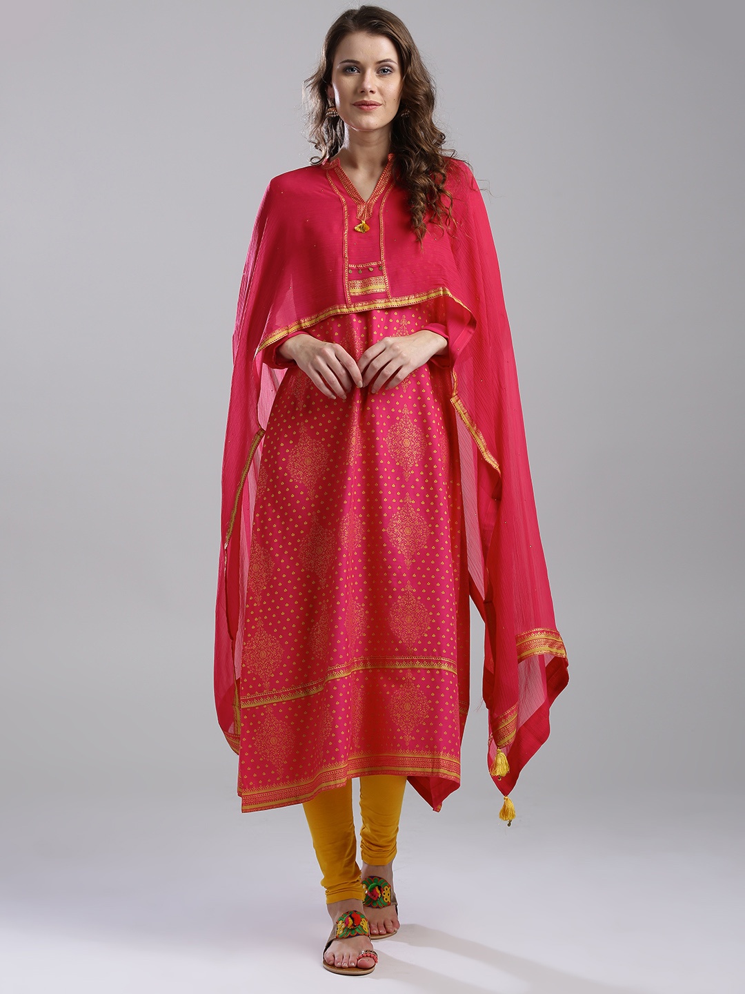 

W Women Pink Printed Layered A-Line Kurta