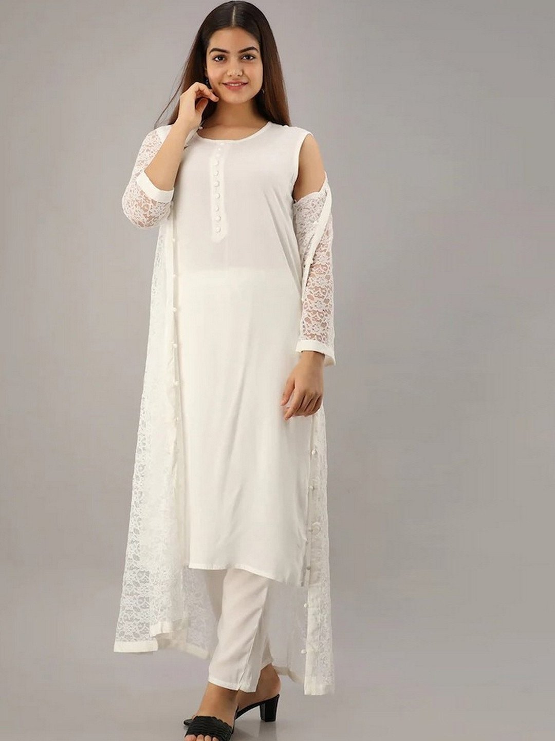 

EtnicaWear Round Neck Straight Kurta with Trousers & Shrug, White