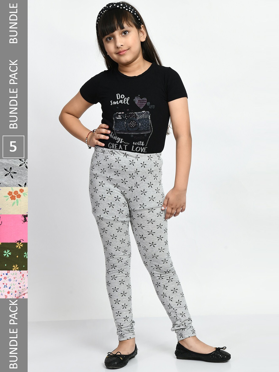 

BAESD Girls Pack Of 5 Printed Ankle Length Pure Cotton Leggings, Grey