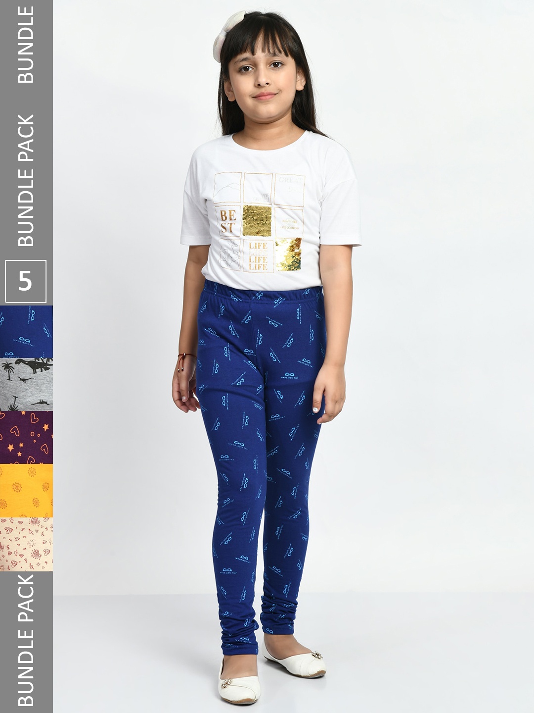 

BAESD Girls Pack Of 5 Printed Cotton Churidar-Length Leggings, Yellow