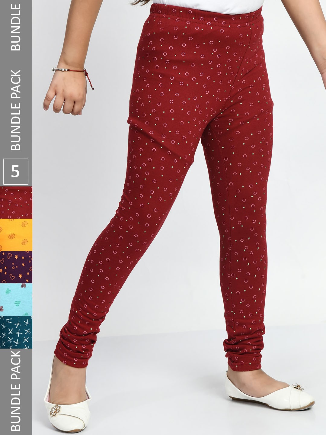 

BAESD Girls Pack Of 5 Printed Ankle Length Pure Cotton Leggings, Maroon