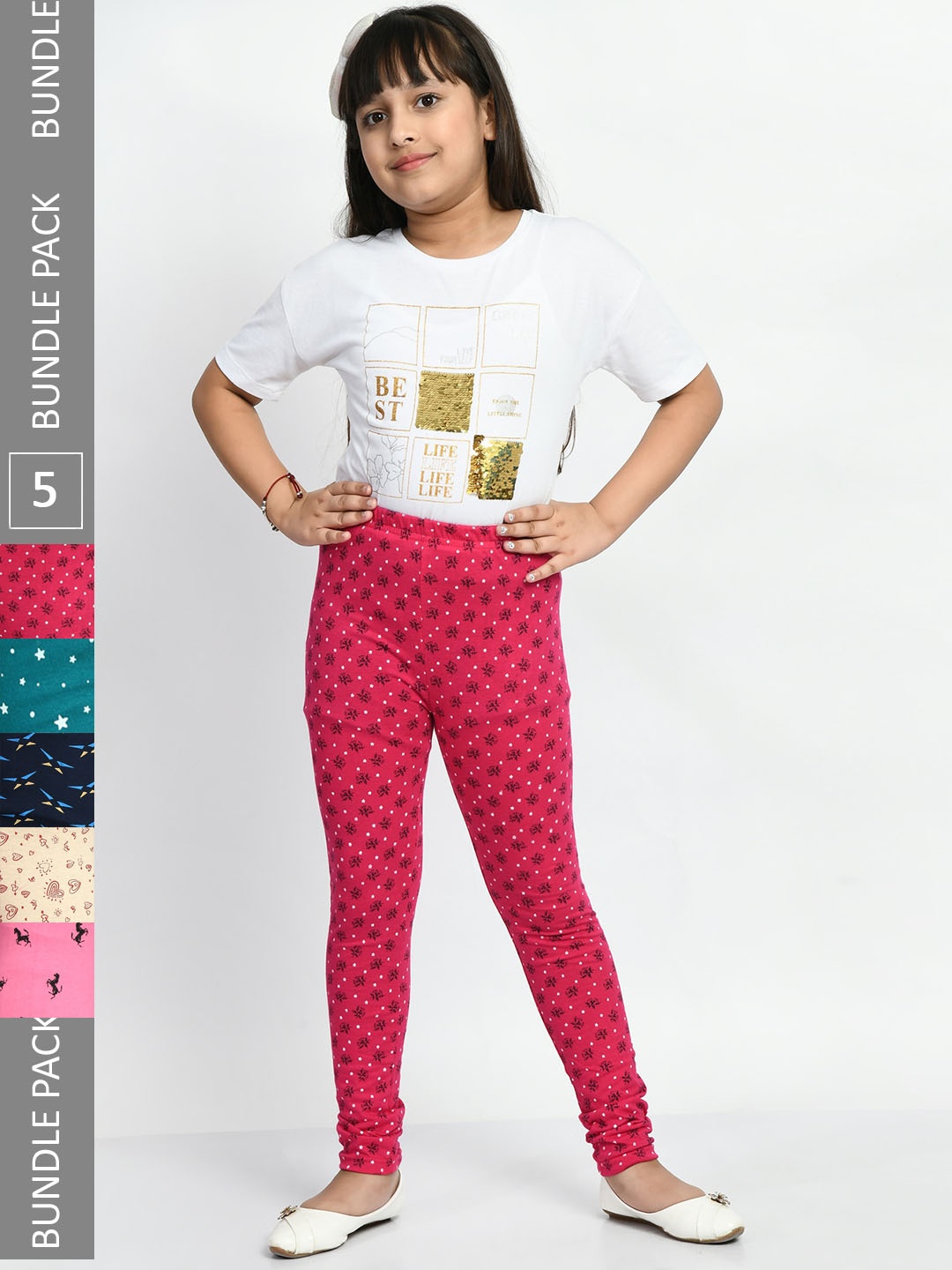 

BAESD Girls Pack Of 5 Printed Cotton Ankle-Length Leggings, Navy blue