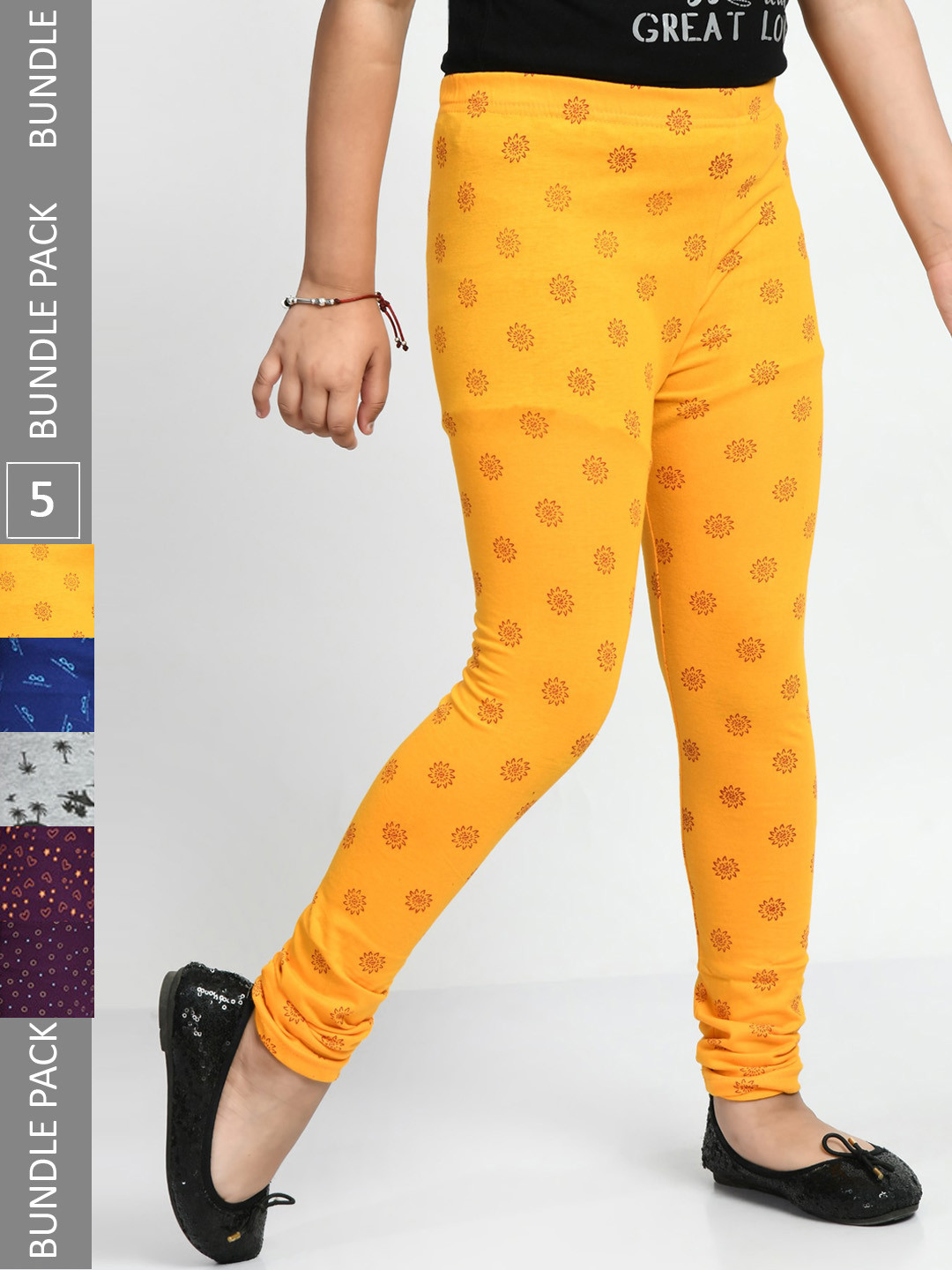 

BAESD Girls Pack Of 5 Printed Ankle Length Pure Cotton Leggings, Yellow