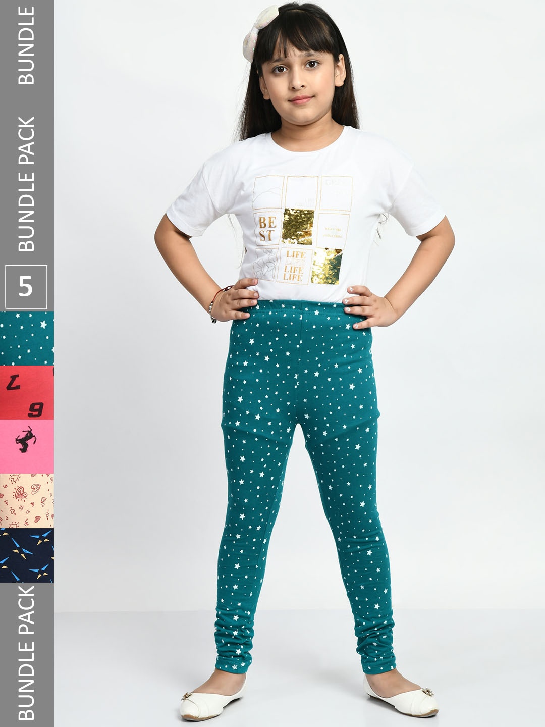 

BAESD Girls Pack Of 5 Printed Ankle Length Pure Cotton Leggings, Teal
