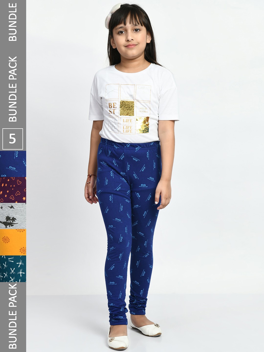 

BAESD Girls Pack Of 5 Printed Cotton Churidar Length Leggings, Grey