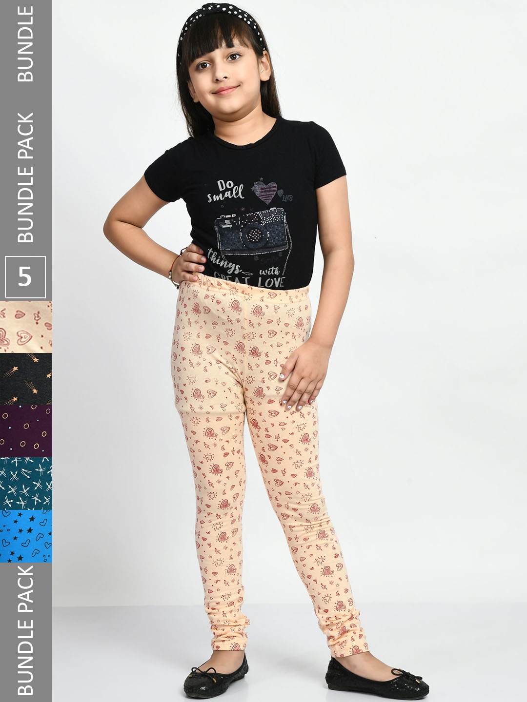 

BAESD Girls Pack Of 5 Printed Ankle Length Pure Cotton Leggings, Cream