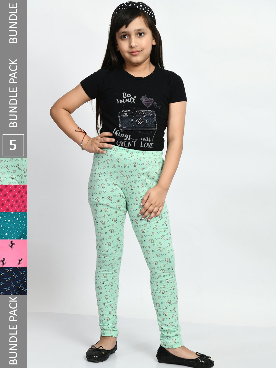 

BAESD Girls Pack Of 5 Printed Cotton Ankle-Length Leggings, Navy blue