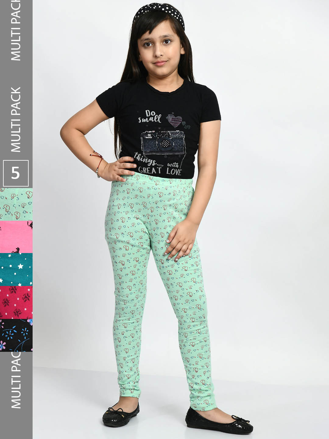 

BAESD Girls Pack Of 5 Printed Cotton Churidar-Length Leggings, Pink