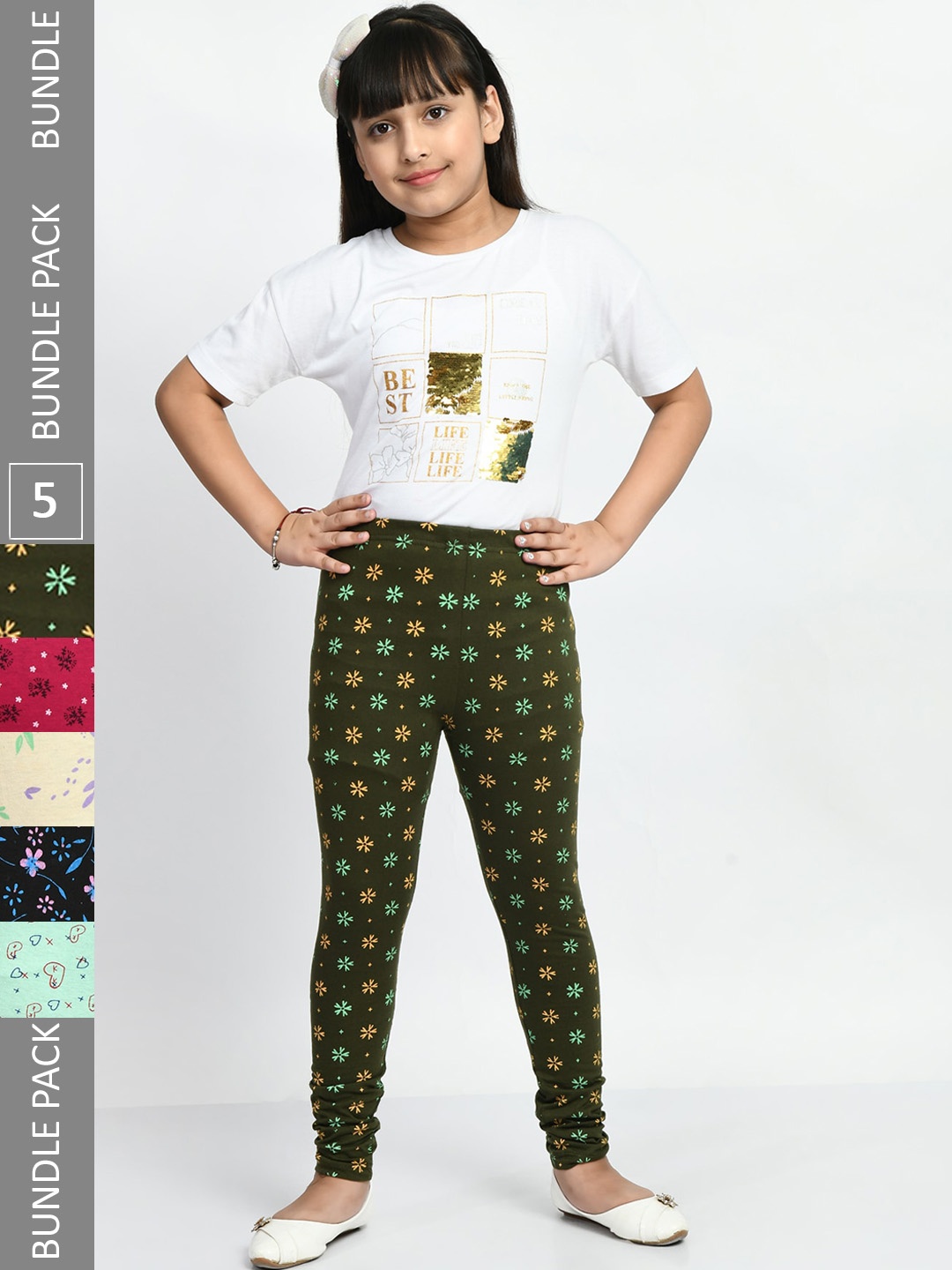 

BAESD Girls Pack Of 5 Printed Cotton Churidar-Length Leggings, Green