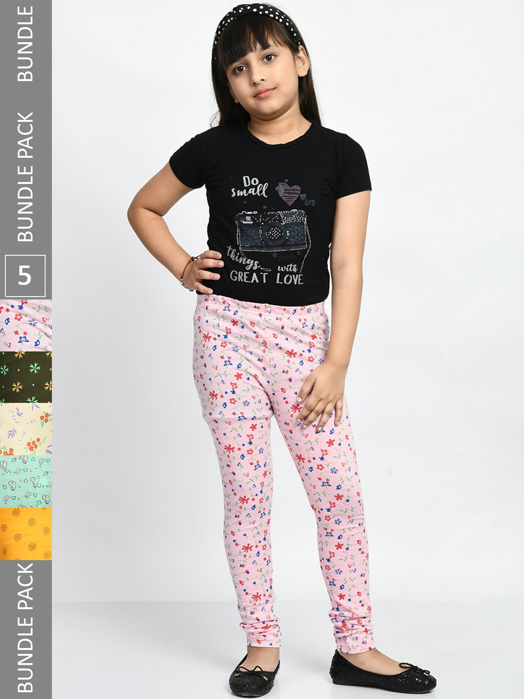 

BAESD Girls Pack Of 5 Printed Cotton Churidar-Length Leggings, Pink