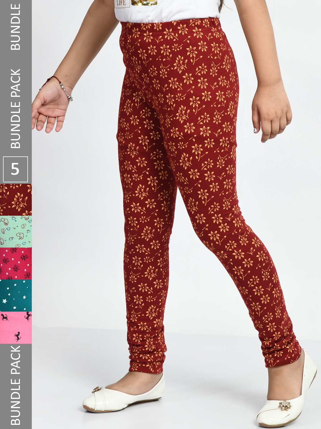 

BAESD Girls Pack Of 5 Printed Cotton Churidar-Length Leggings, Pink