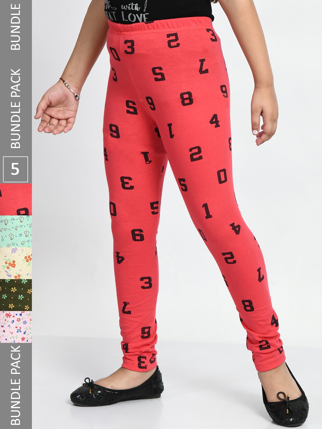 

BAESD Girls Pack Of 5 Printed Cotton Ankle-Length Leggings, Olive