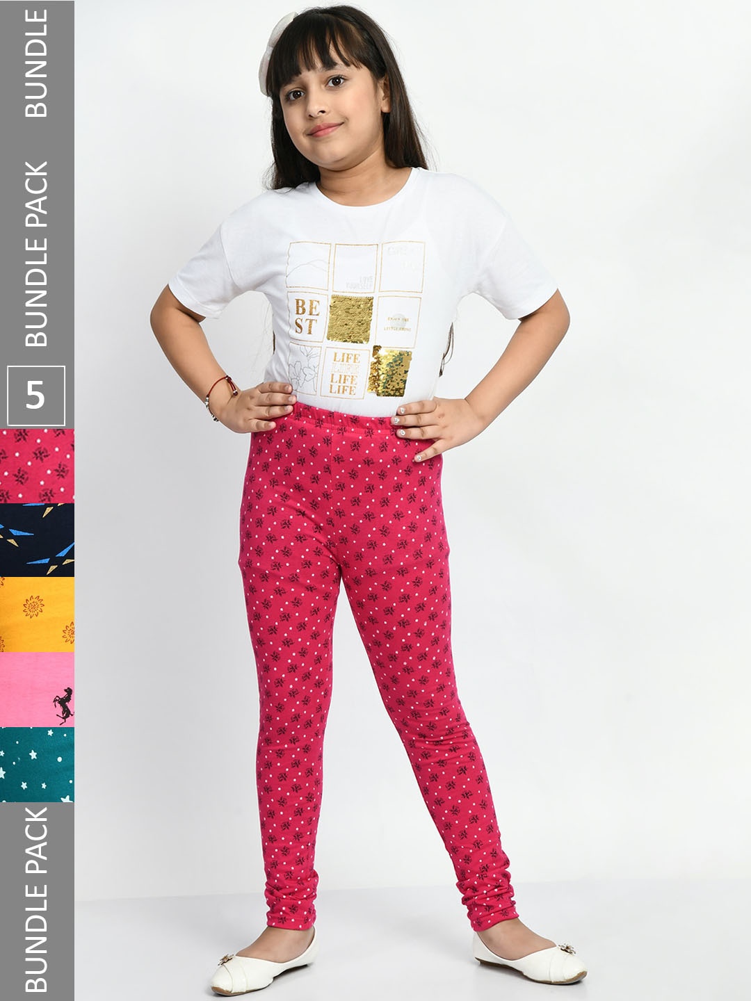 

BAESD Girls Pack Of 5 Printed Cotton Churidar Length Leggings, Pink