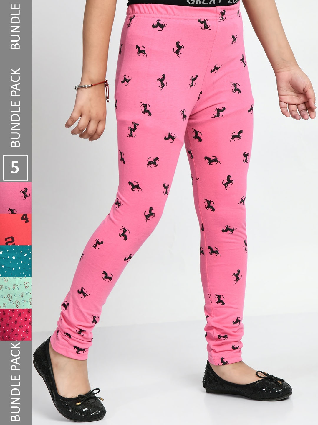 

BAESD Girls Pack Of 5 Printed Cotton Ankle-Length Leggings, Pink