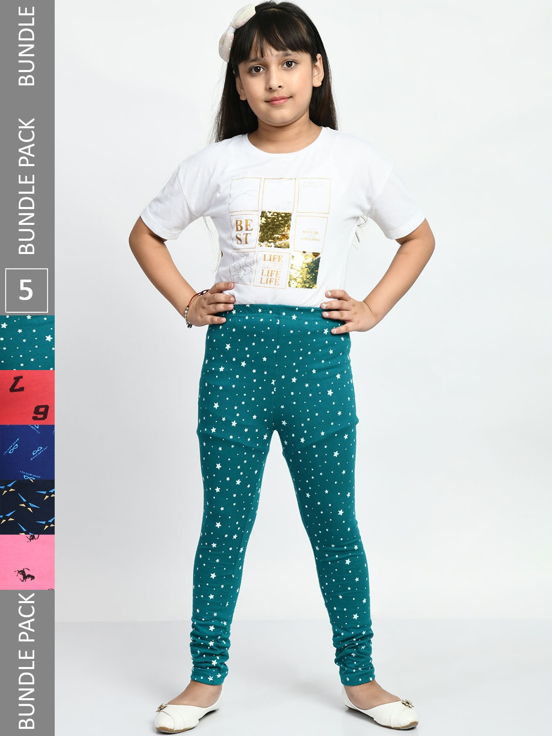

BAESD Girls Pack Of 5 Printed Cotton Ankle-Length Leggings, Navy blue