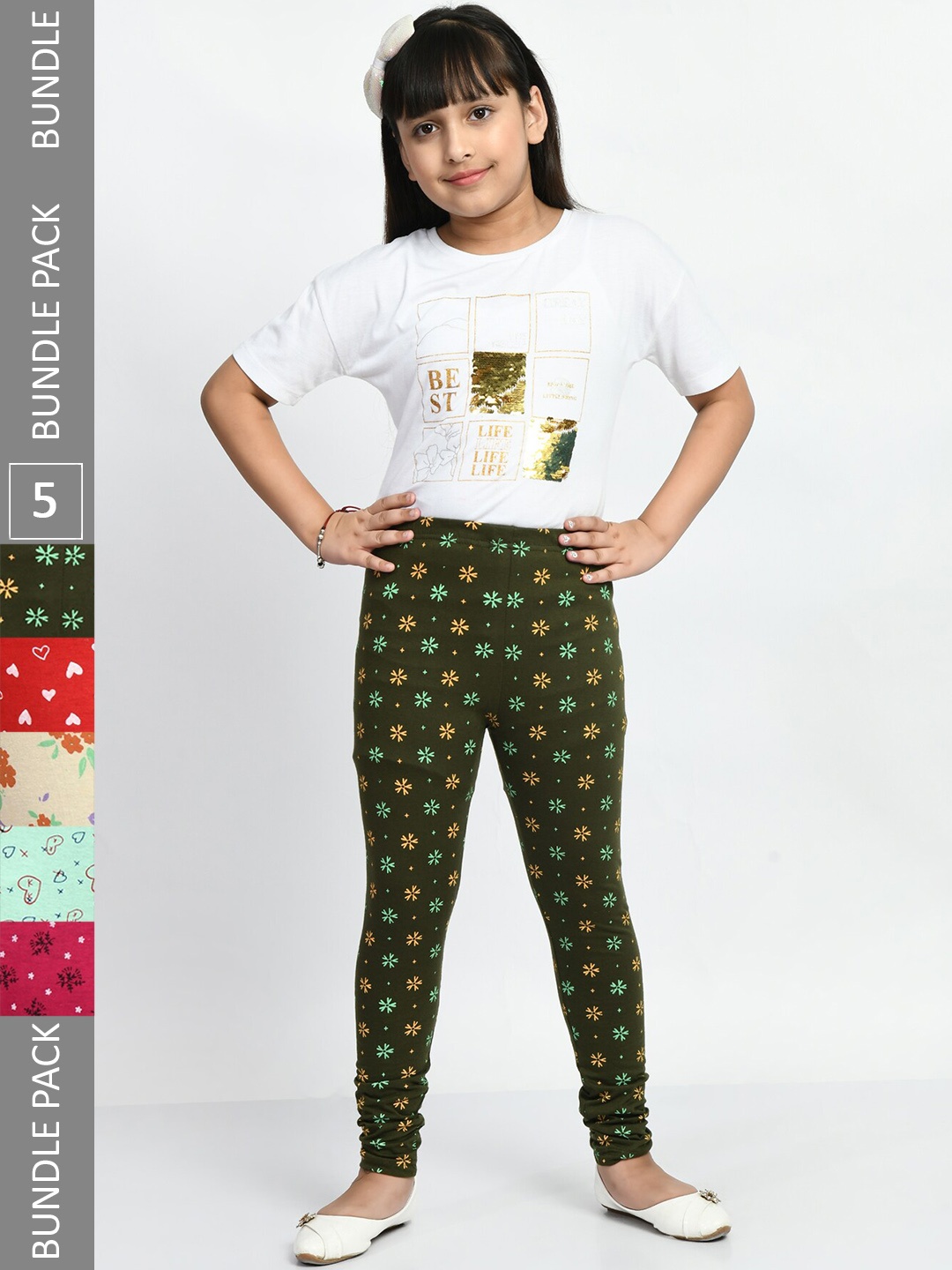 

BAESD Girls Pack Of 5 Printed Ankle Length Pure Cotton Leggings, Green