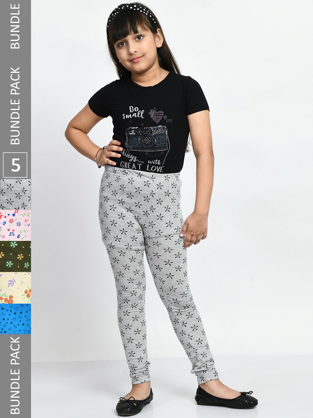 

BAESD Girls Pack Of 5 Printed Ankle Length Pure Cotton Leggings, Grey