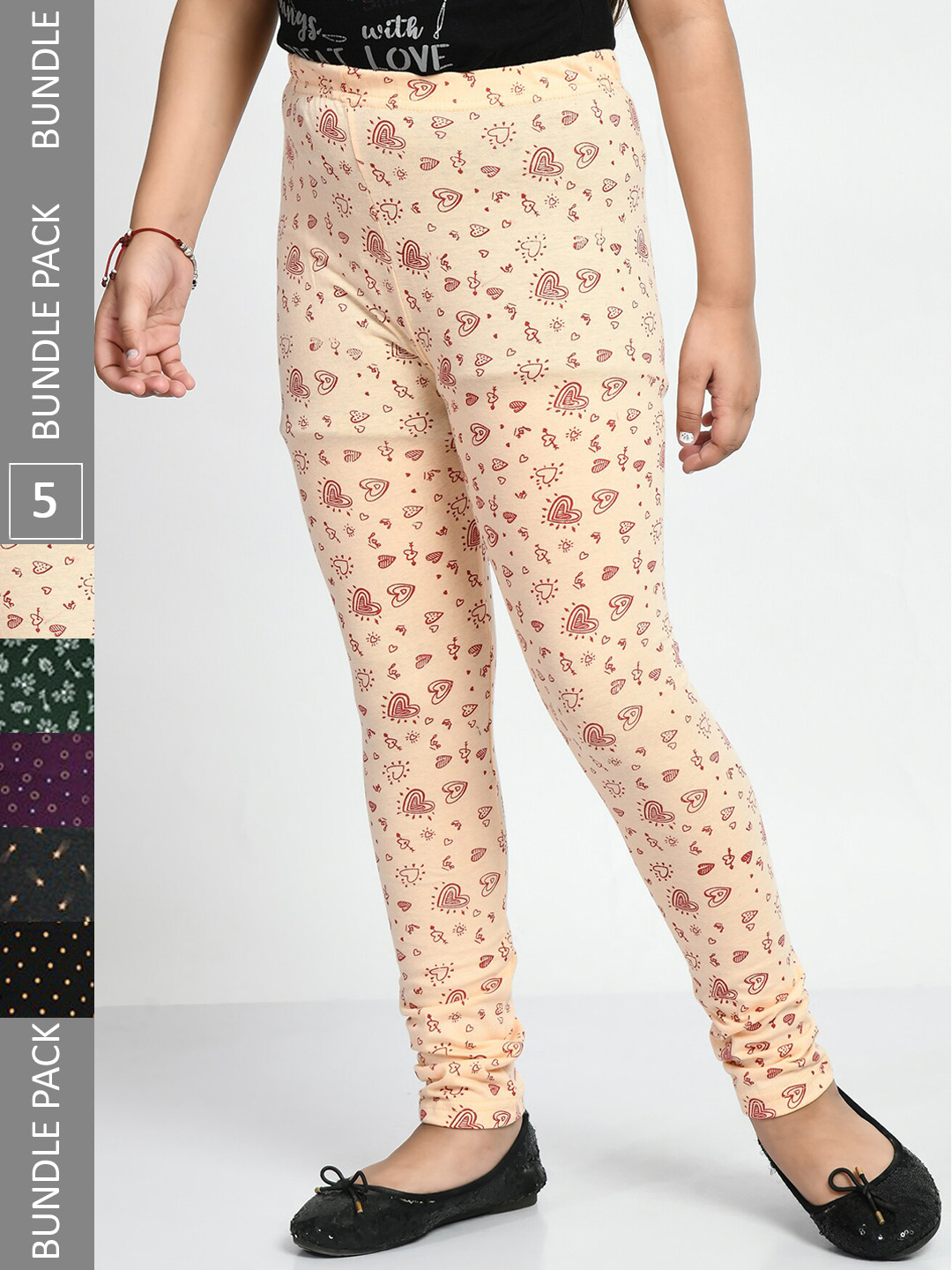 

BAESD Girls Pack Of 5 Printed Ankle Length Pure Cotton Leggings, Cream