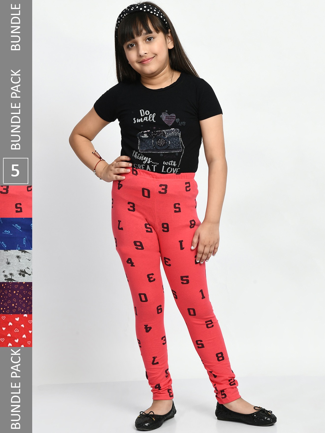 

BAESD Girls Pack Of 5 Printed Cotton Churidar-Length Leggings, Red