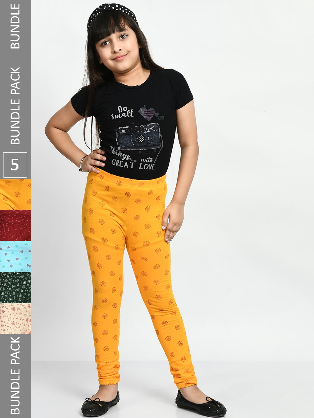 

BAESD Girls Pack Of 5 Printed Cotton Churidar-Length Leggings, Green