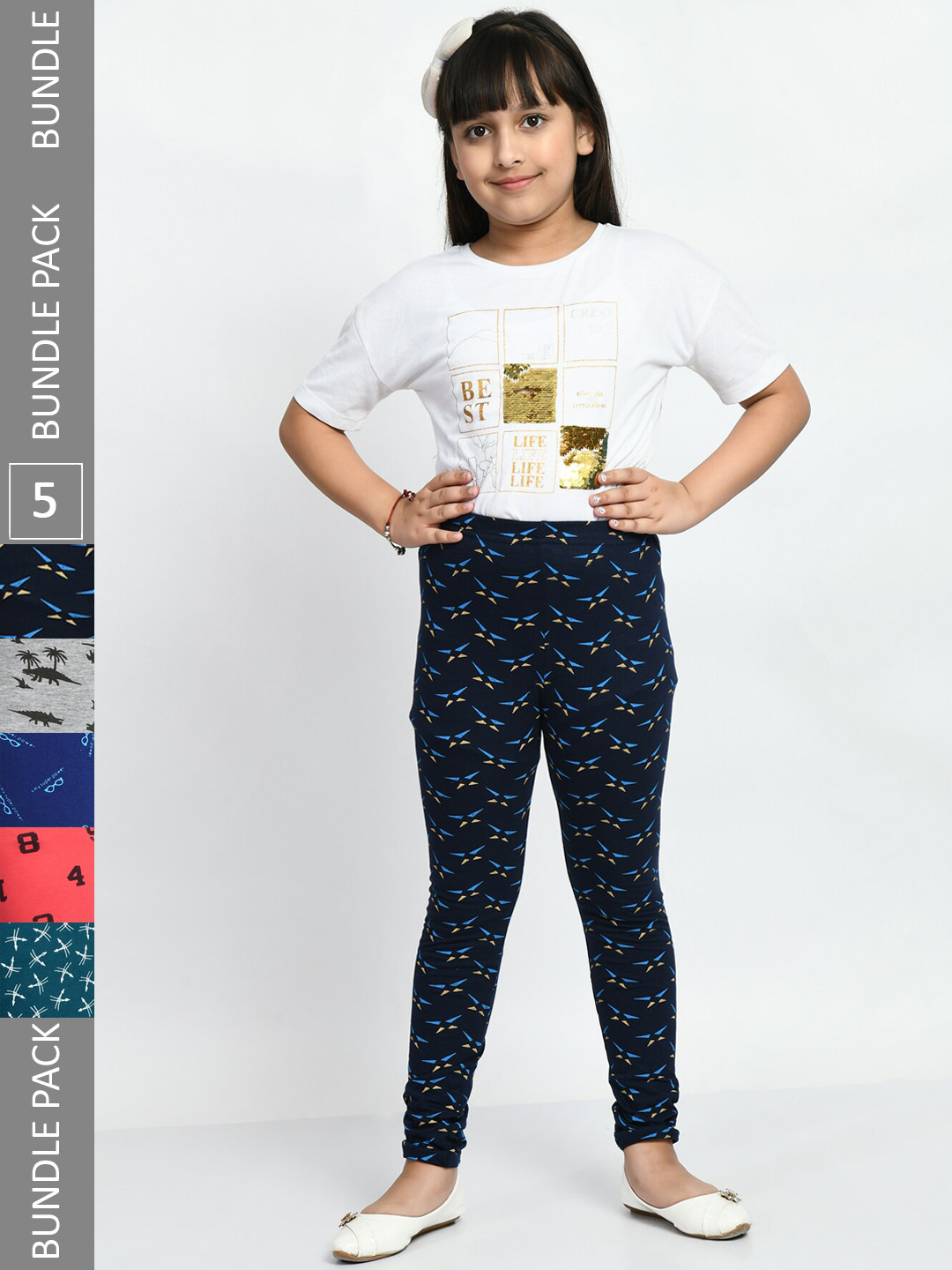 

BAESD Girls Pack Of 5 Printed Cotton Ankle-Length Leggings, Blue