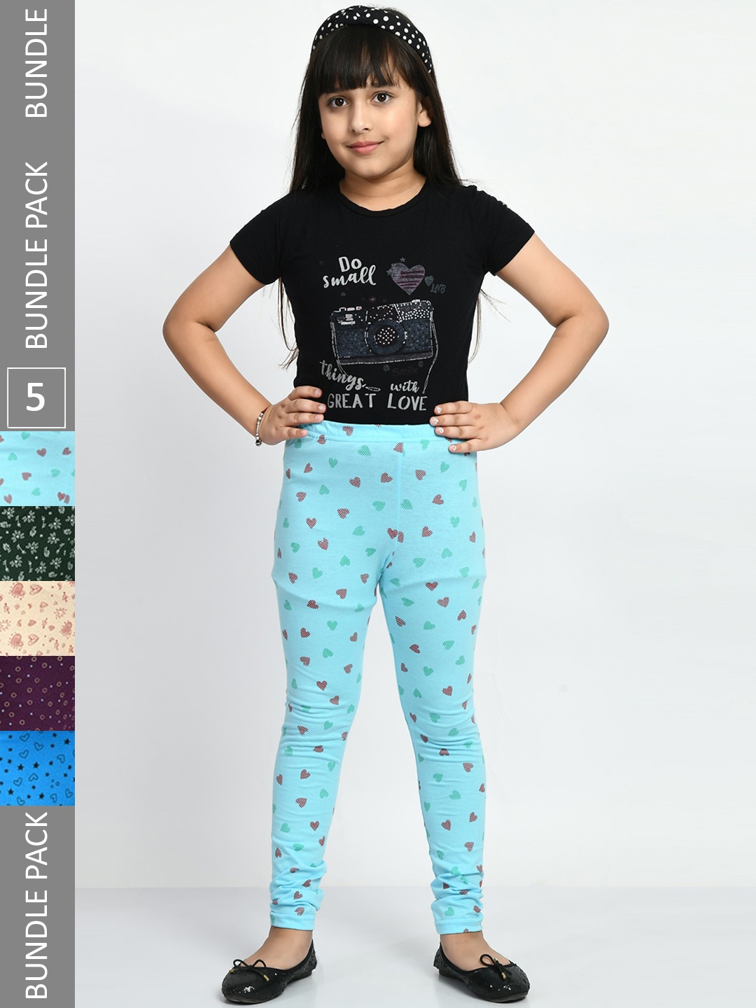

BAESD Girls Pack Of 5 Printed Pure Cotton Churidar-Length Leggings, Blue