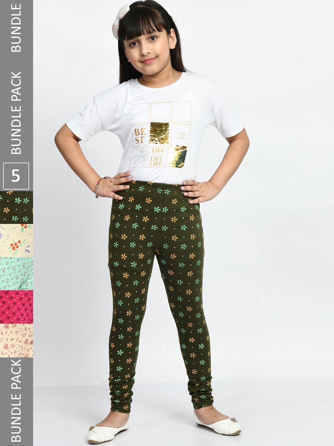 

BAESD Girls Pack Of 5 Printed Super Soft Cotton Ankle-Length Leggings, Cream