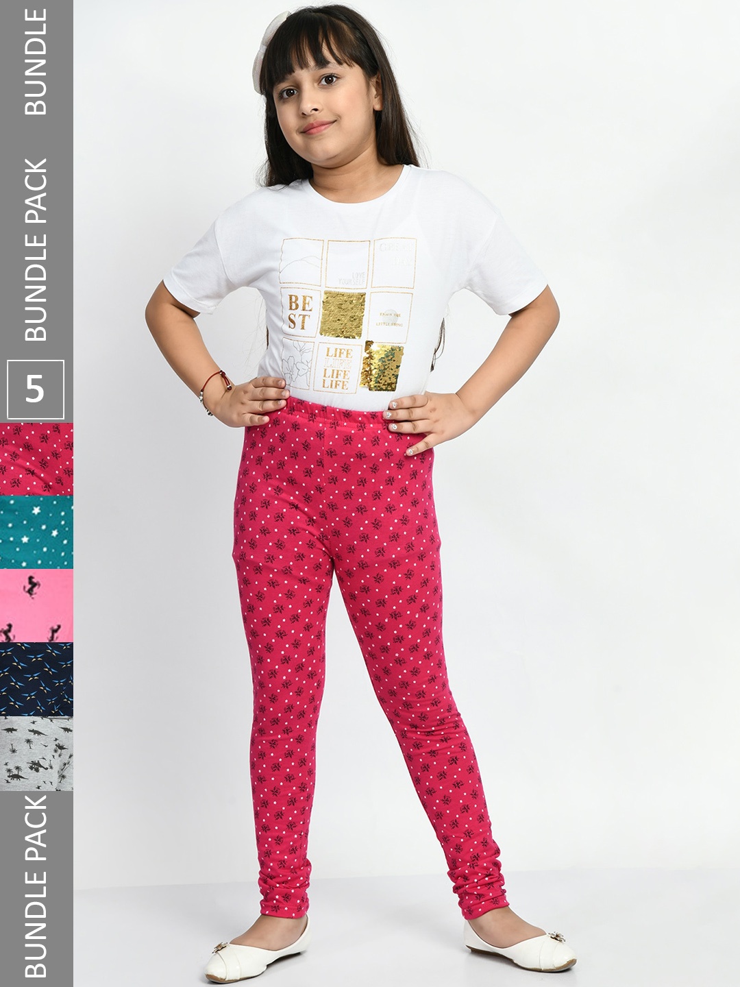 

BAESD Girls Pack Of 5 Printed Churidar Length Pure Cotton Leggings, Grey