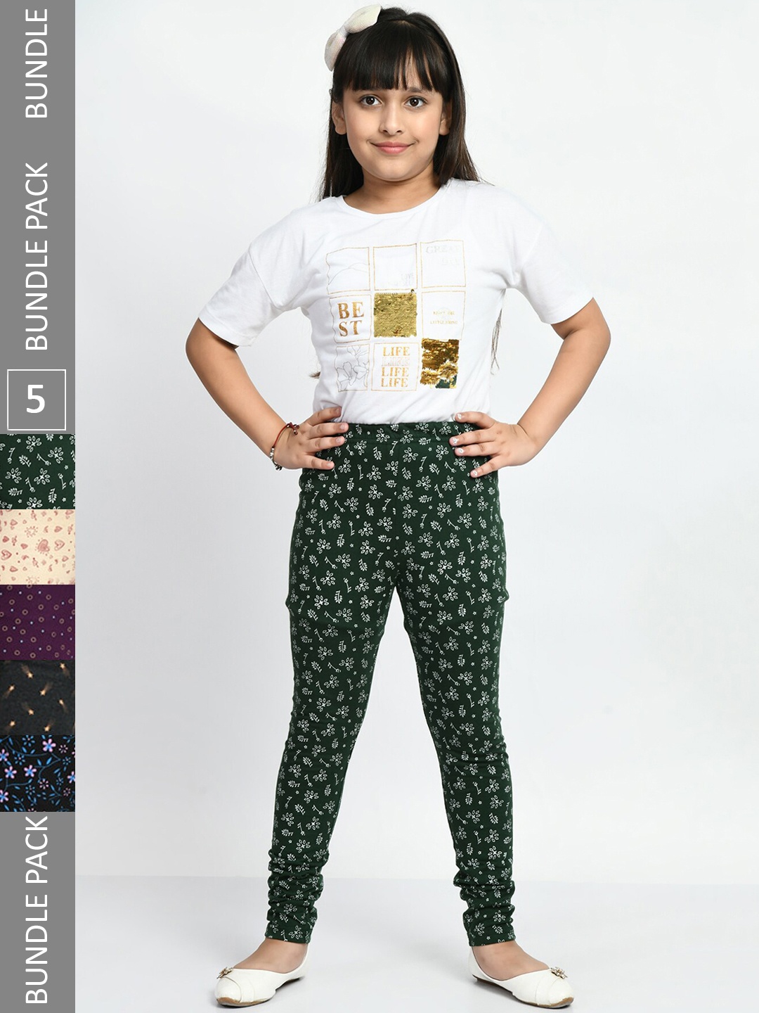 

BAESD Girls Pack Of 5 Printed Cotton Churidar Length Leggings, Black