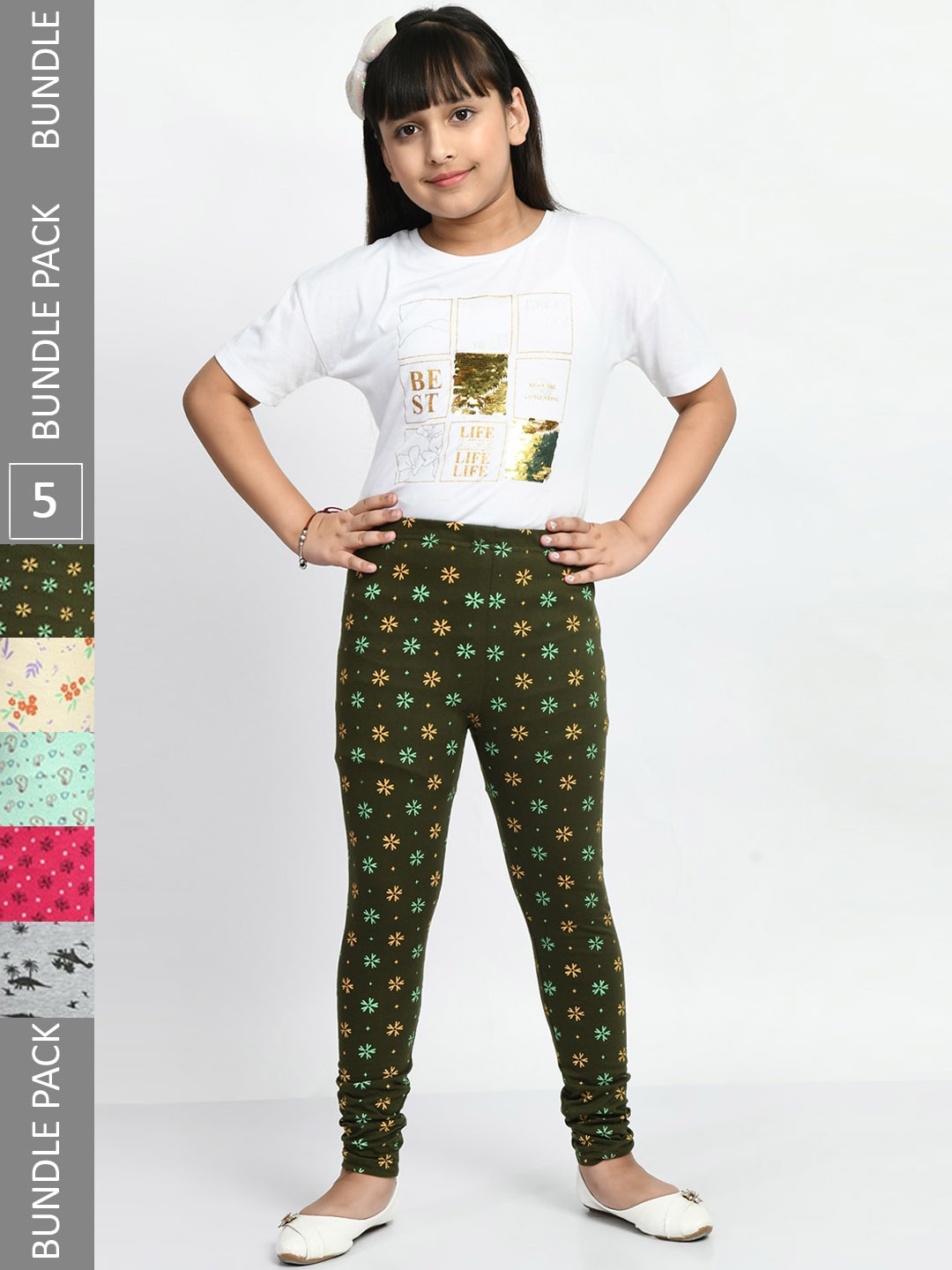 

BAESD Girls Pack of 5 Printed Churidar Length Cotton Leggings, Green