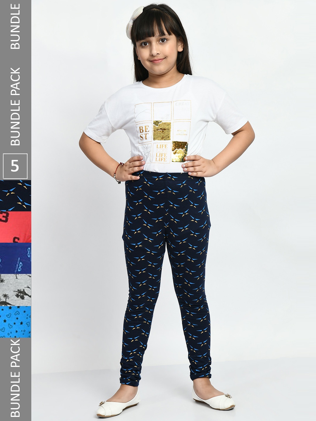 

BAESD Girls Pack Of 5 Printed Pure Cotton Churidar-Length Leggings, Blue
