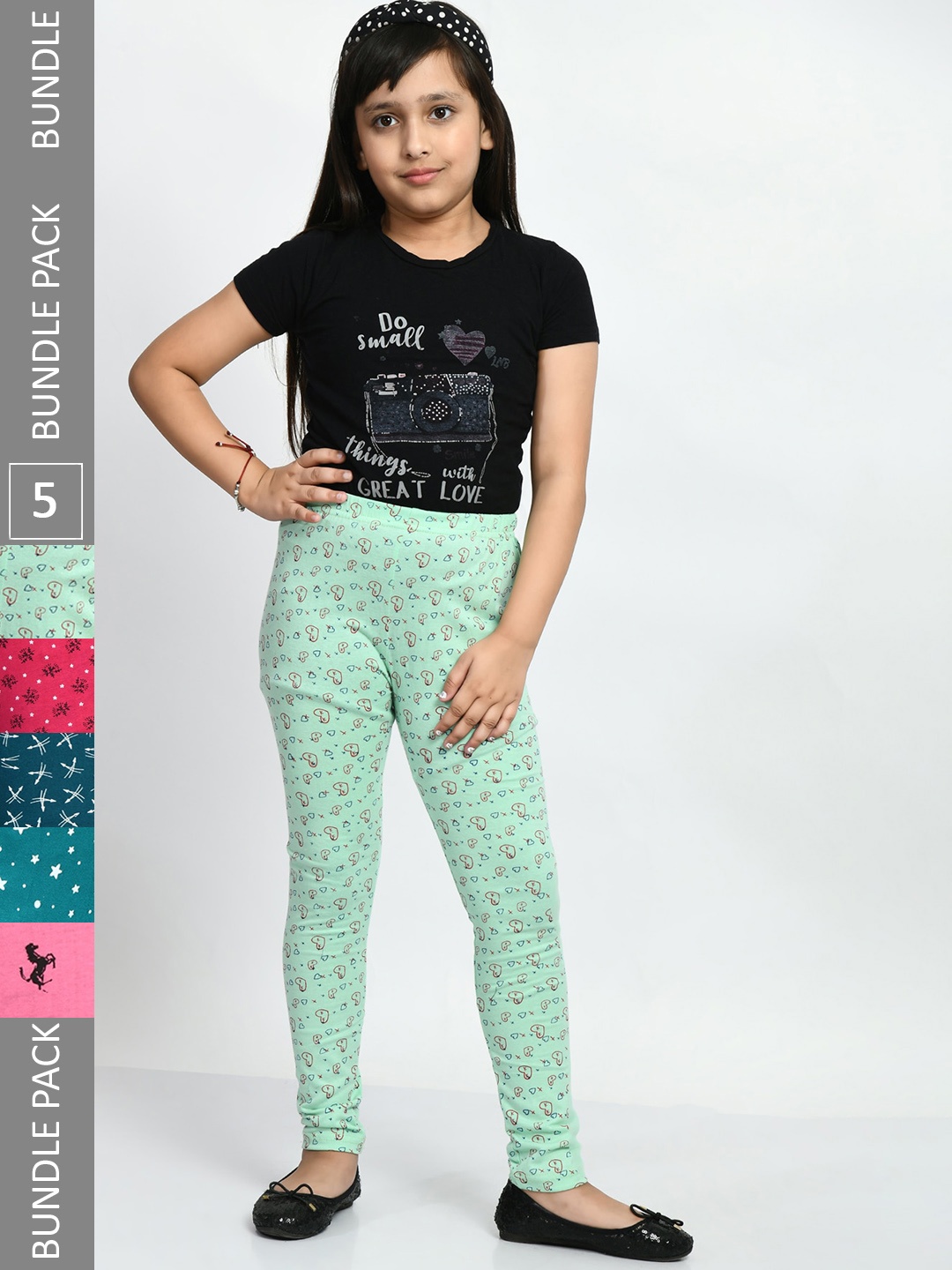 

BAESD Girls Pack Of 5 Printed Cotton Churidar-Length Leggings, Green