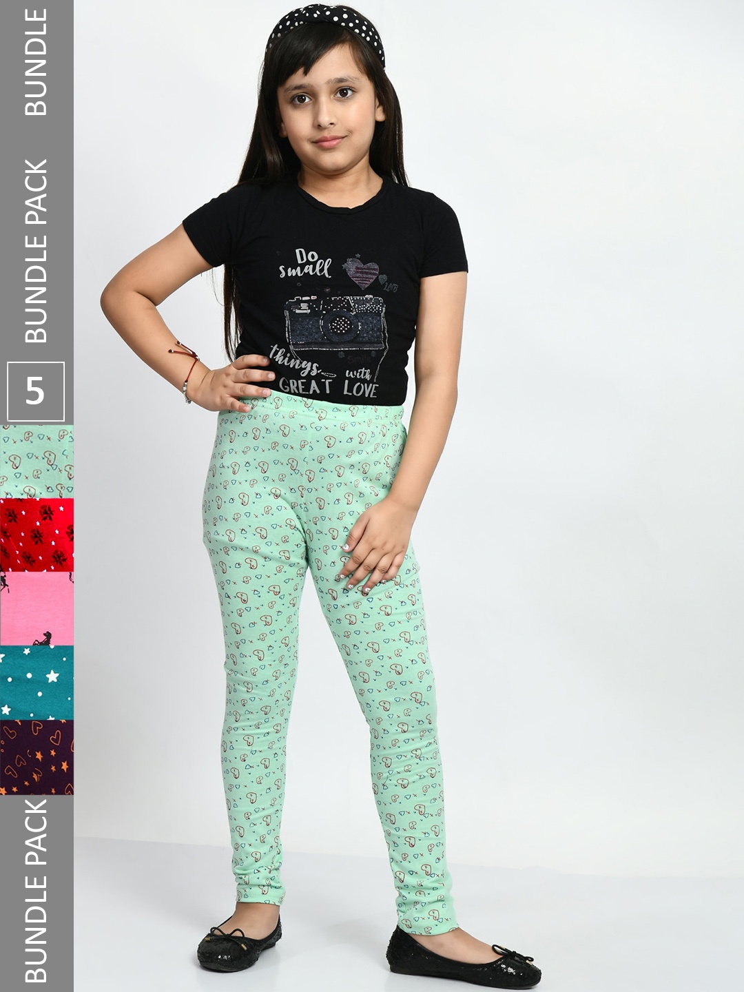 

BAESD Girls Pack Of 5 Printed Super Soft Pure Cotton Churidar-Length Leggings, Pink