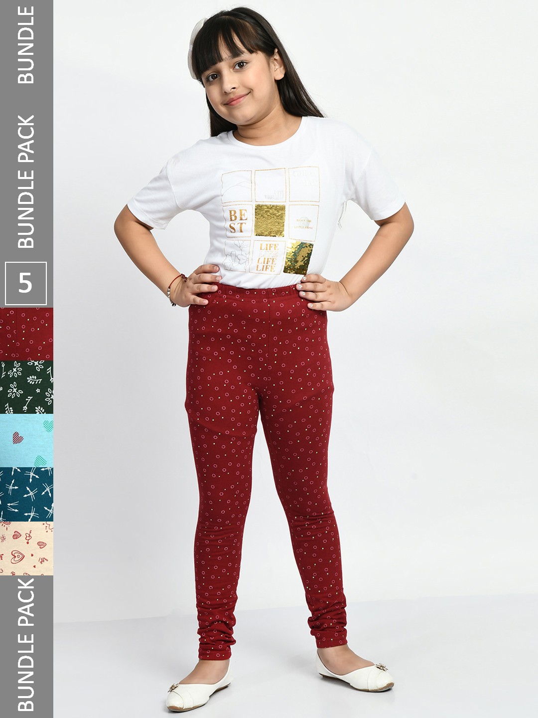 

BAESD Girls Pack of 5 Printed Super Soft Pure Cotton Churidar- Length Leggings, Maroon