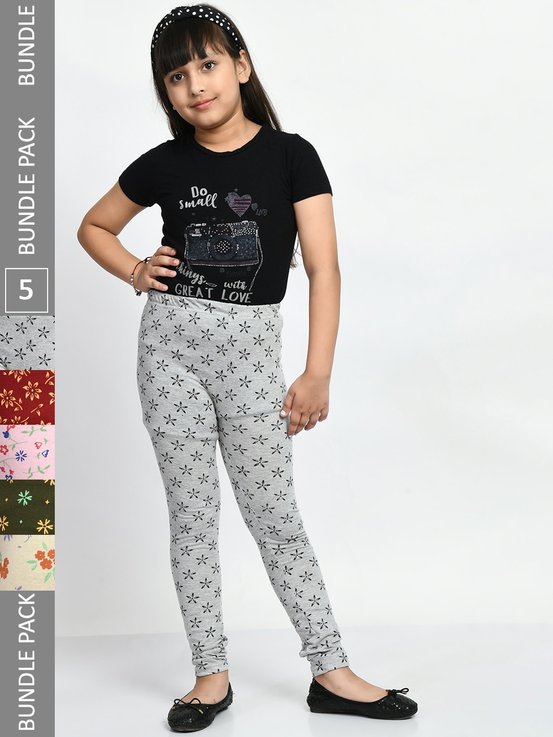 

BAESD Girls Pack Of 5 Printed Pure Cotton Churidar-Length Leggings, Pink