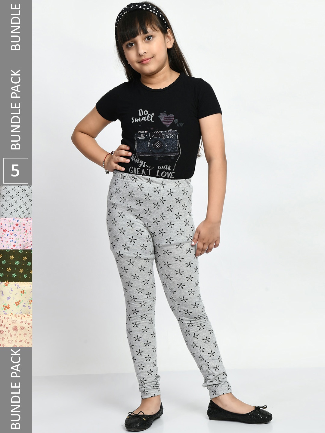 

BAESD Girls Pack Of 5 Printed Pure Cotton Churidar Length Leggings, Olive