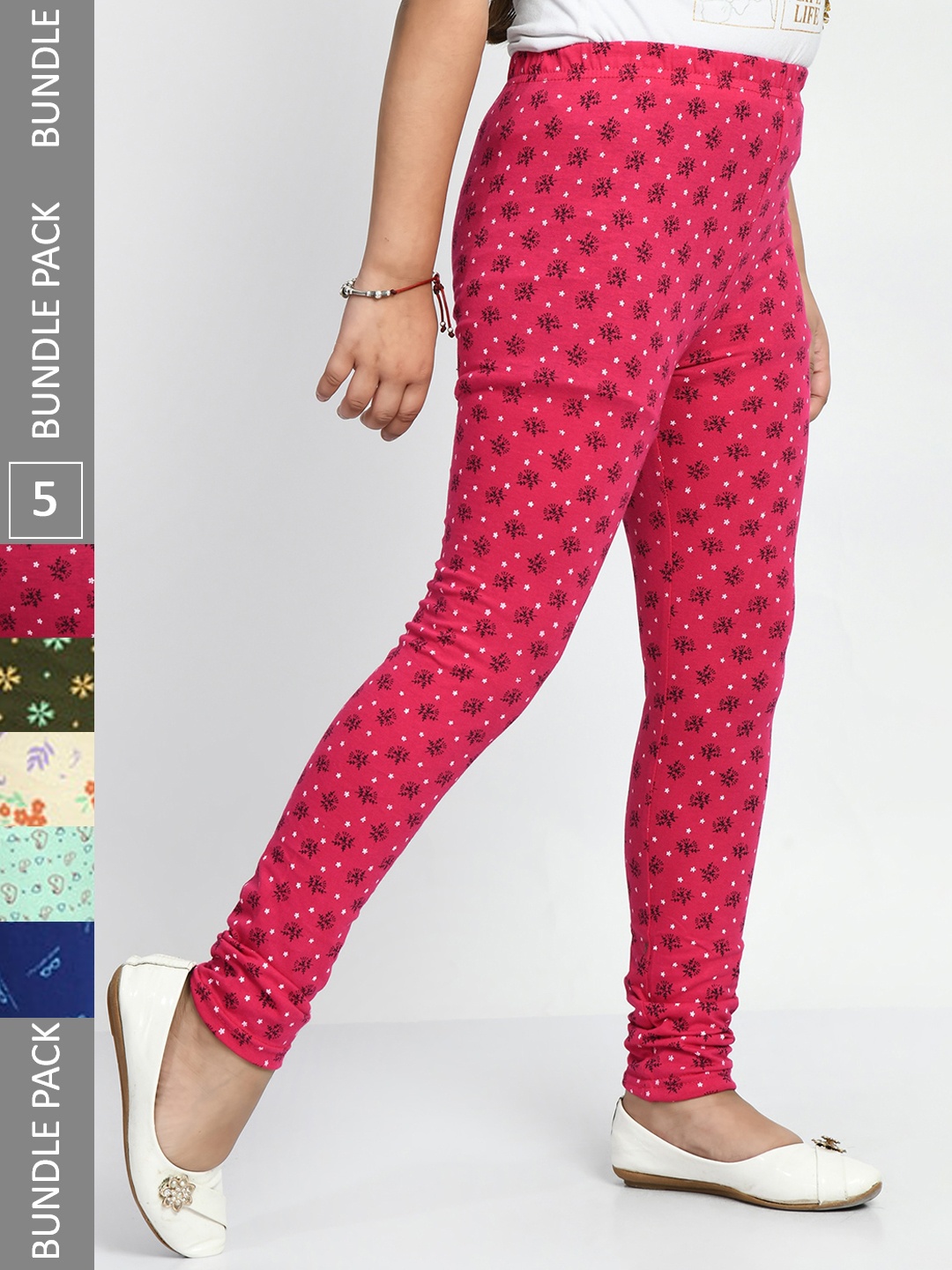 

BAESD Girls Pack Of 5 Printed Cotton Churidar Length Leggings, Blue