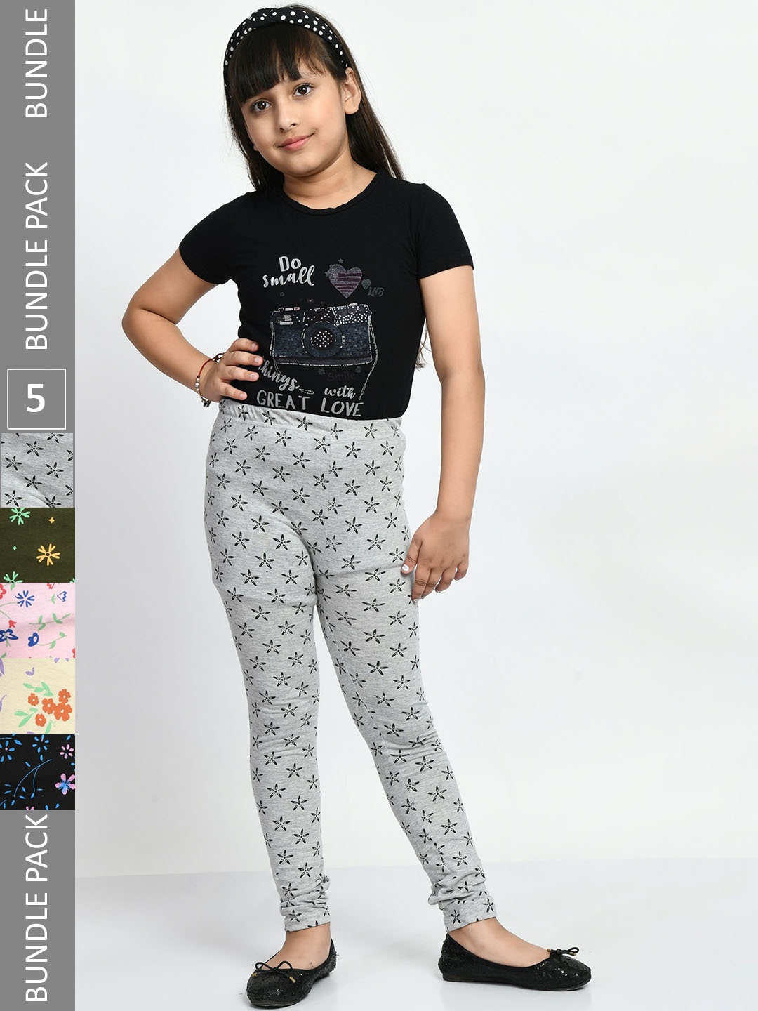 

BAESD Girls Pack Of 5 Printed Cotton Churidar Length Leggings, Black