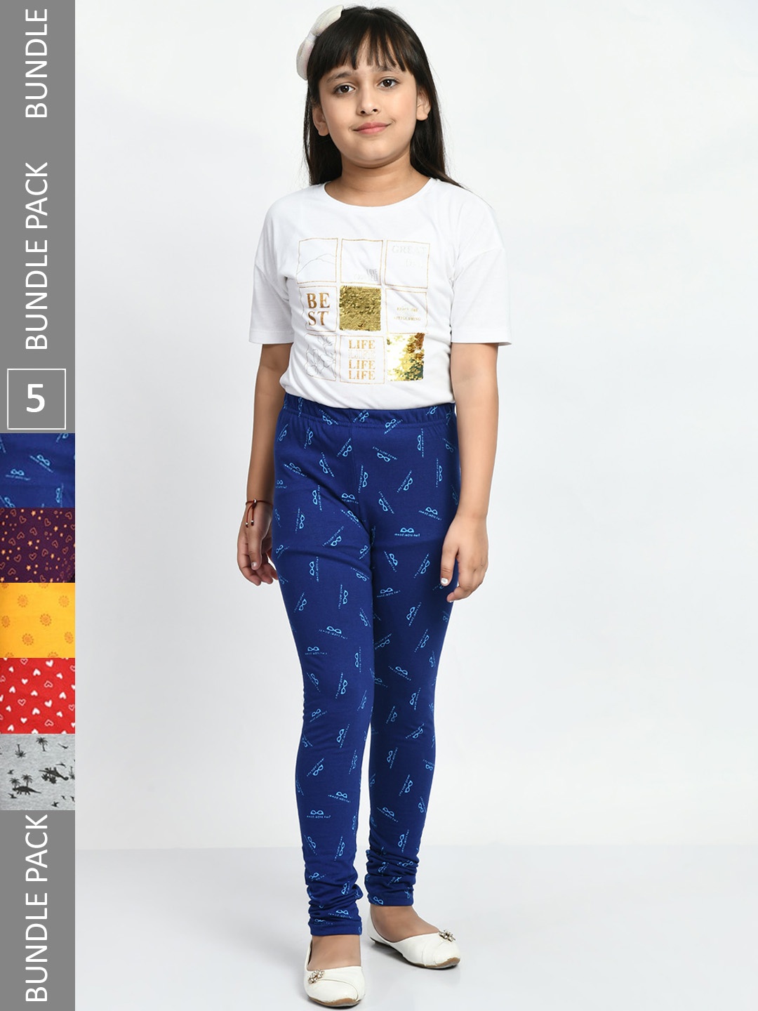 

BAESD Girls Pack Of 5 Printed Churidar-Length Pure Cotton Leggings, Blue