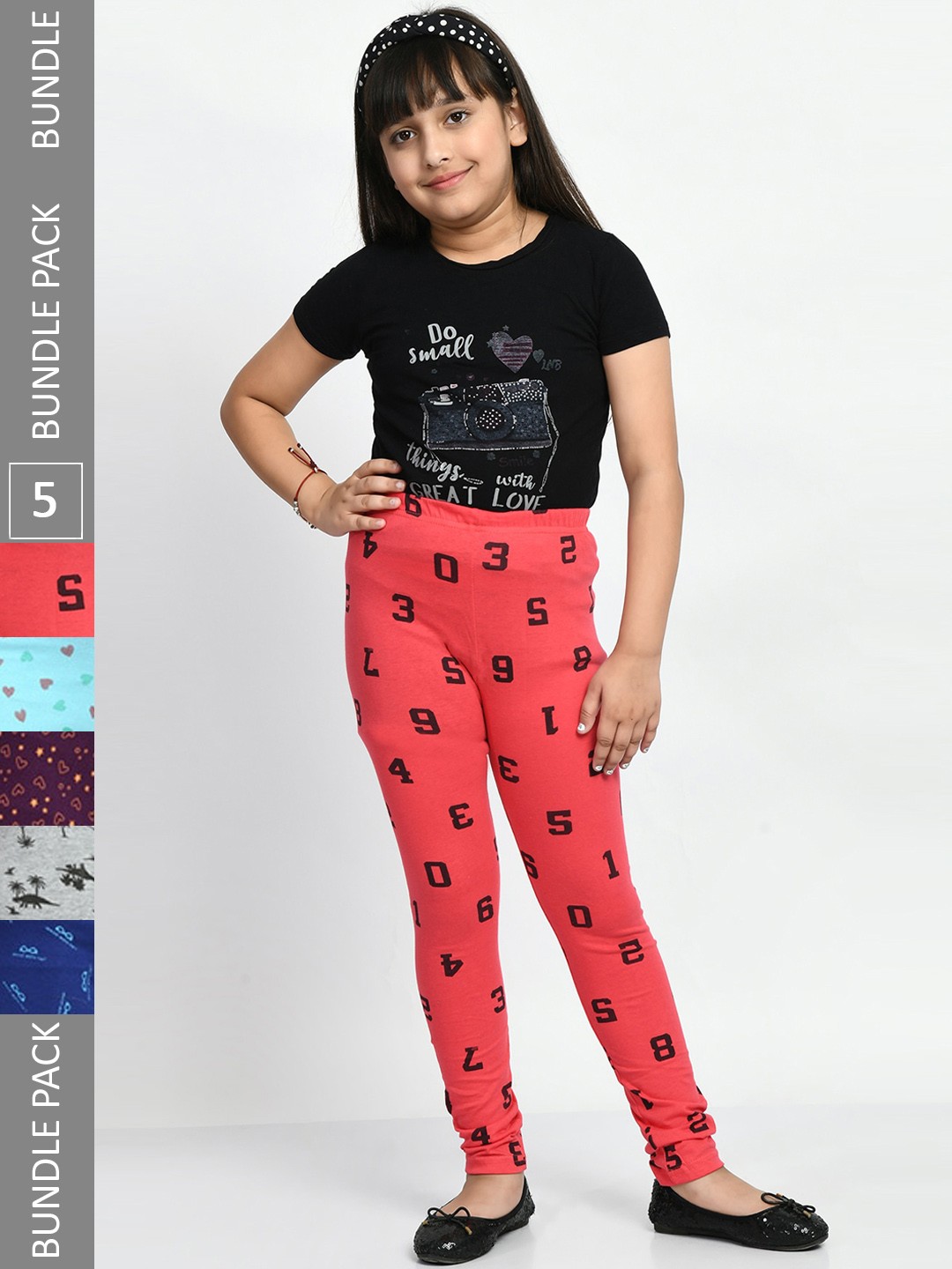 

BAESD Girls Pack Of 5 Printed Pure Cotton Churidar Length Leggings, Grey