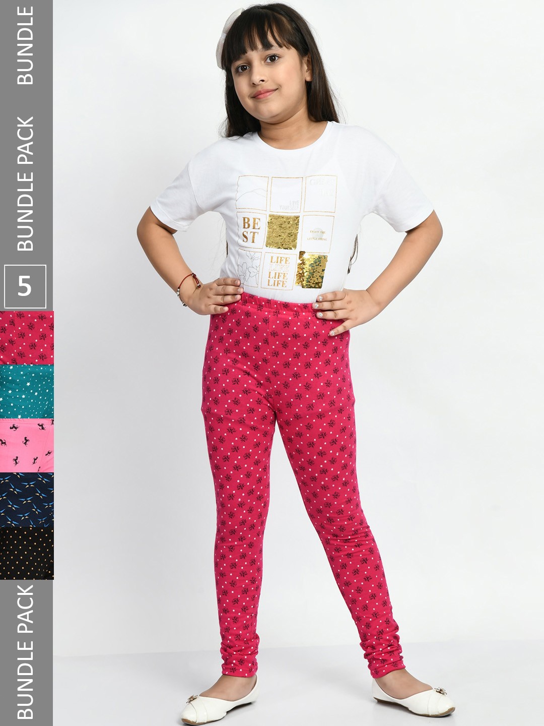 

BAESD Girls Pack Of 5 Printed Pure Cotton Churidar Length Leggings, Pink