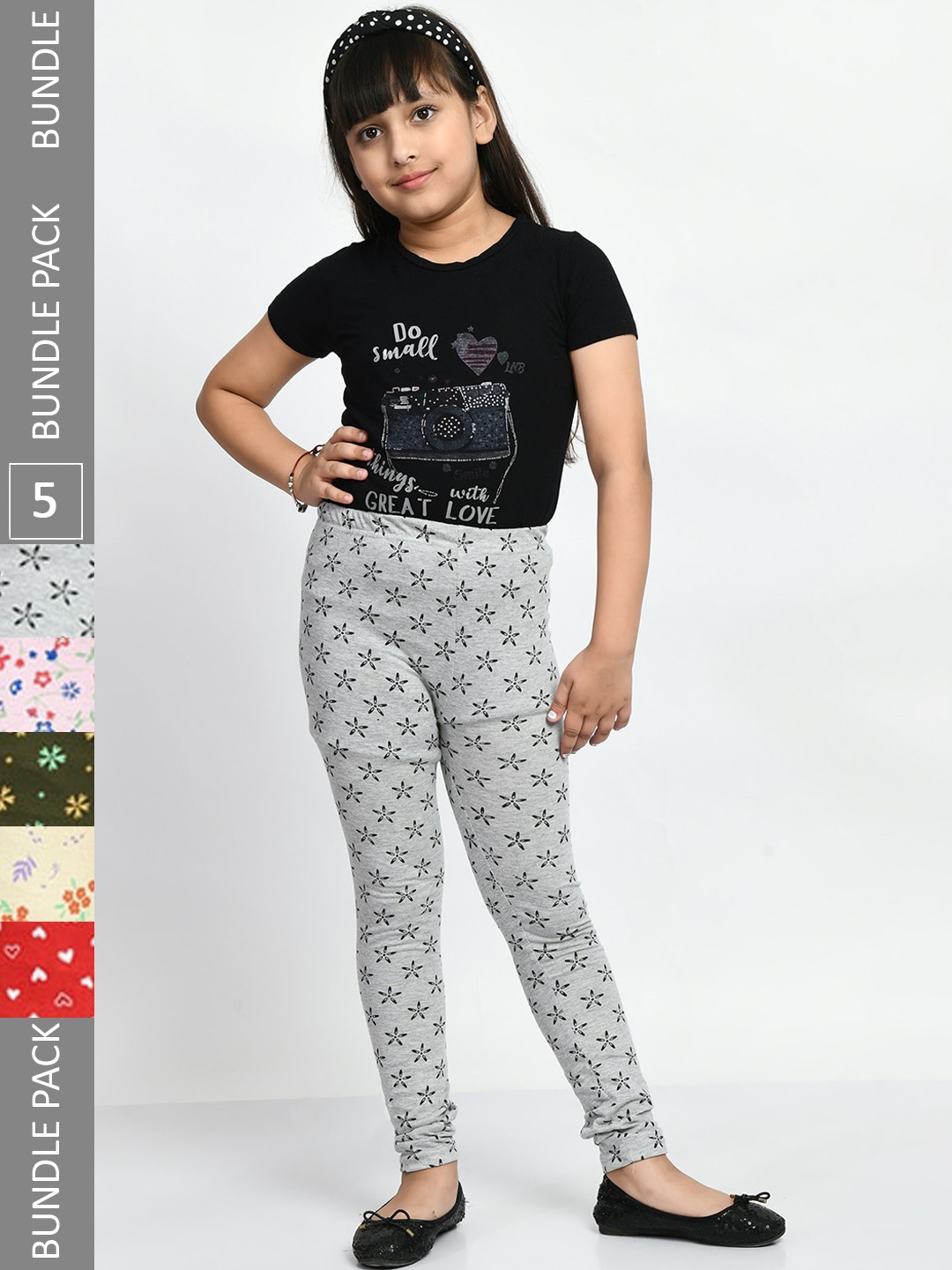 

BAESD Girls Pack Of 5 Printed Pure Cotton Churidar-Length Leggings, Grey