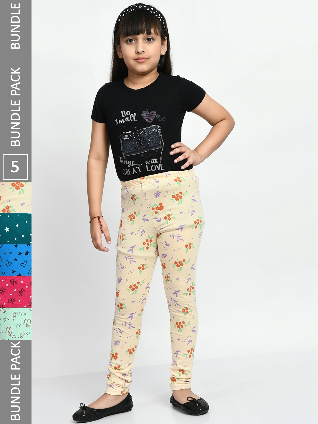 

BAESD Girls Pack Of 5 Printed Churidar-Length Pure Cotton Leggings, Pink