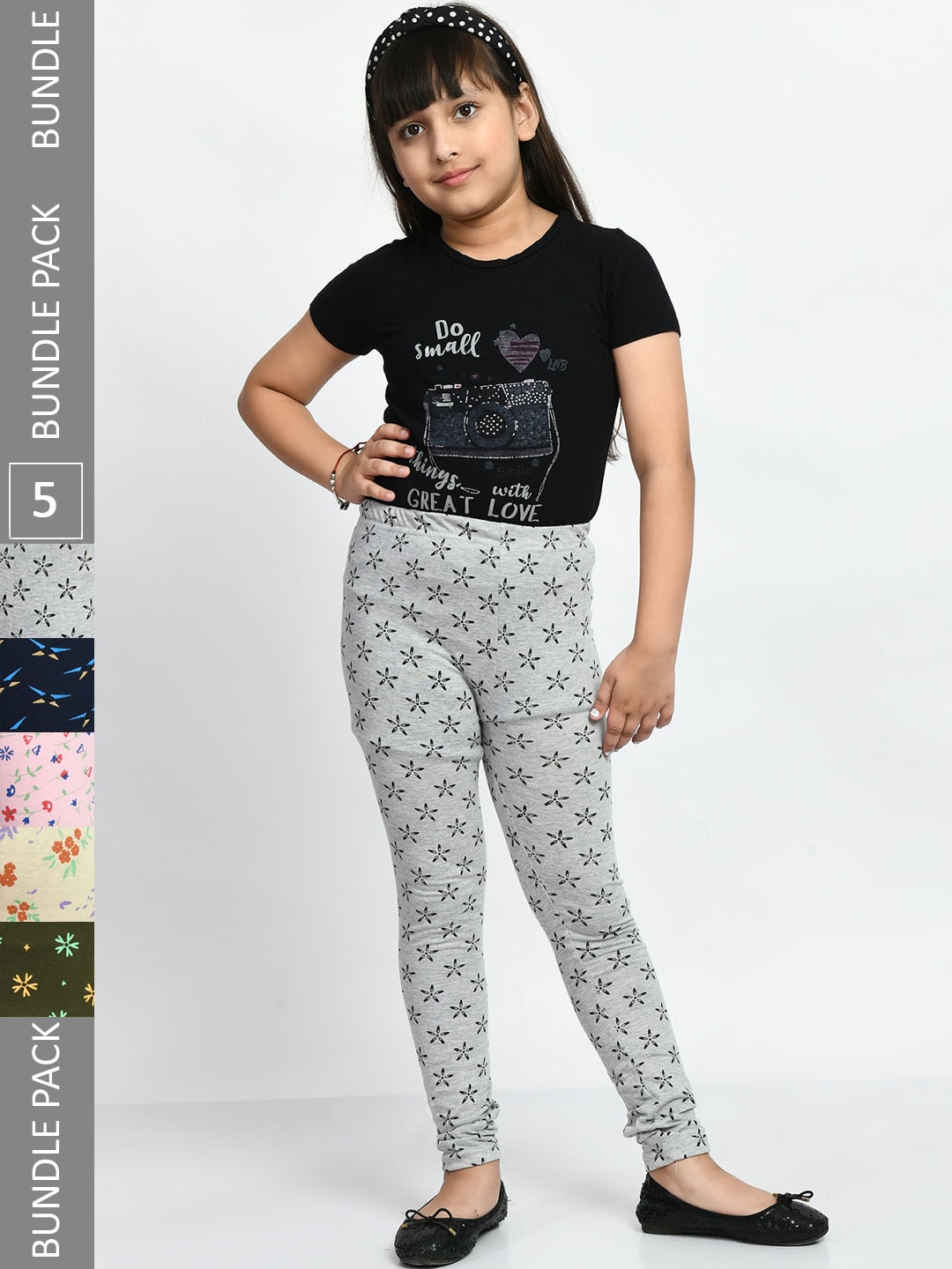 

BAESD Girls Pack Of 5 Printed Cotton Churidar Length Leggings, Green